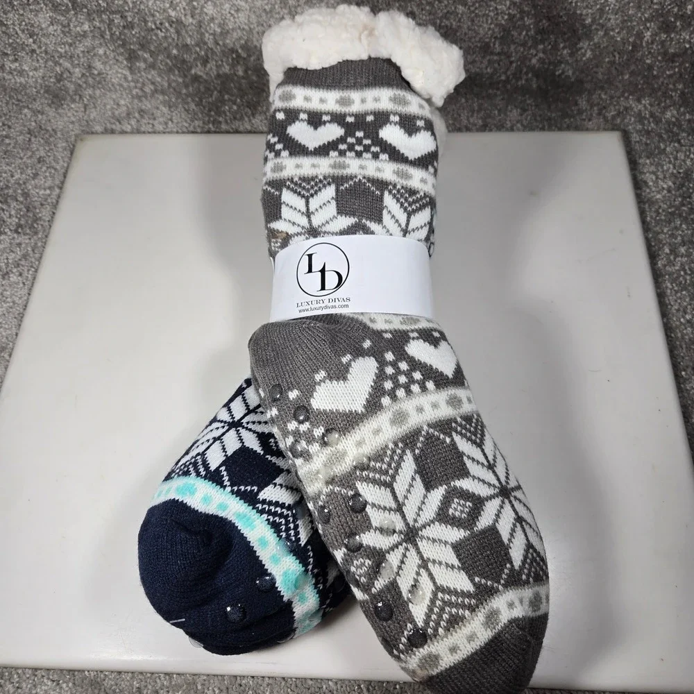 Yeleete Winter Socks 9-11 Snowflake‎ Fair Isle Sherpa Lined Gripper